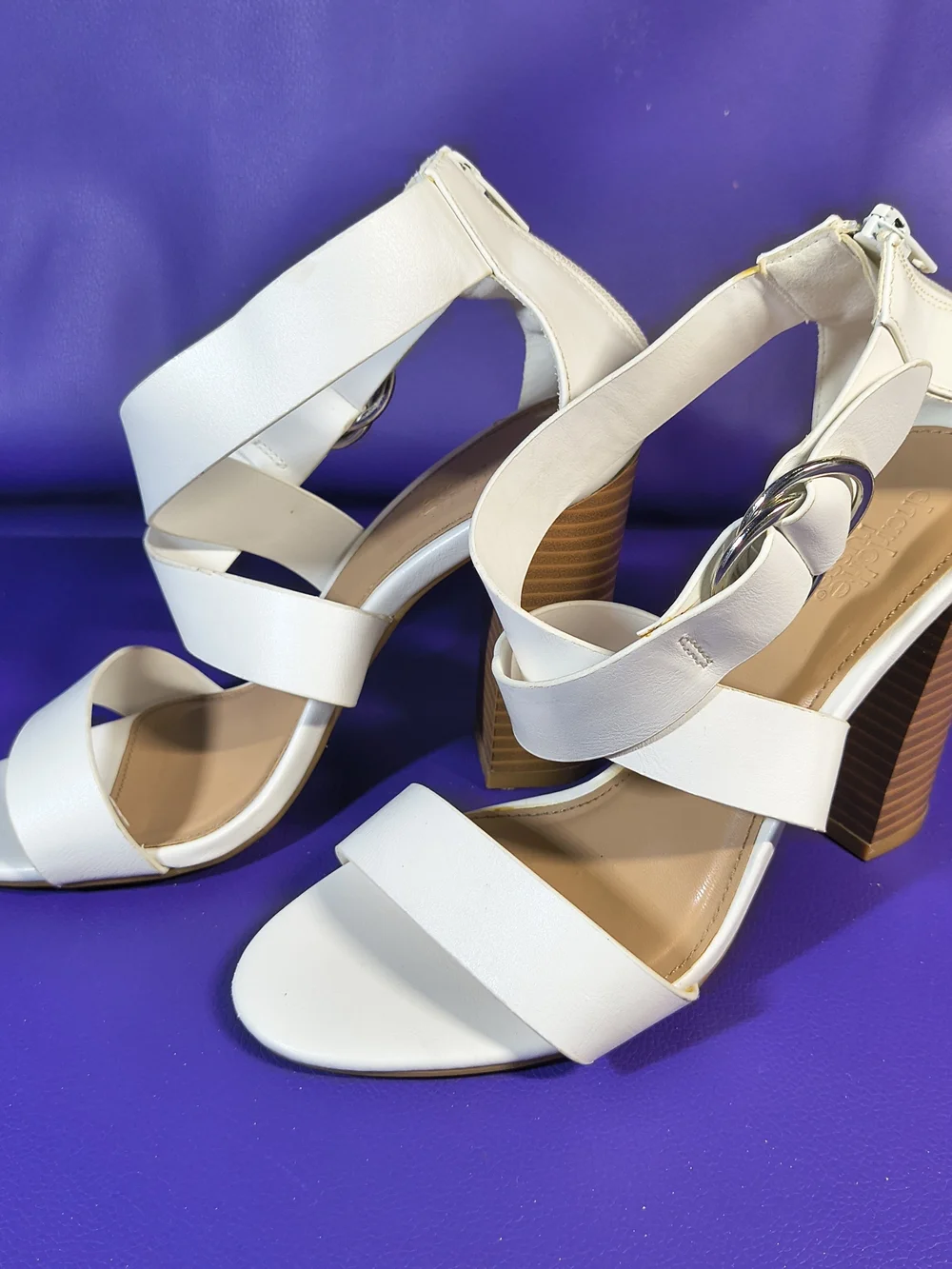 Charlotte Russe CARDI Retro Sandal Size 8 White Strappy Block Heel Buckle.